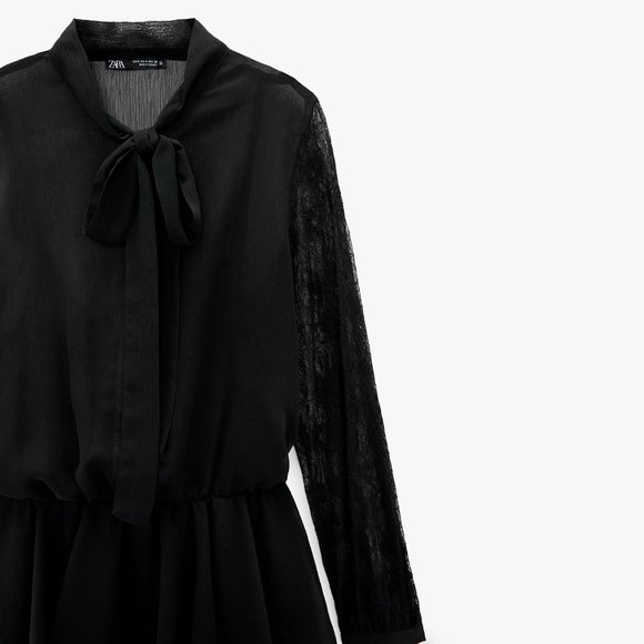 NEW Zara Black Lace Bow Neck Ruffled Mini Dress - Picture 8 of 11
